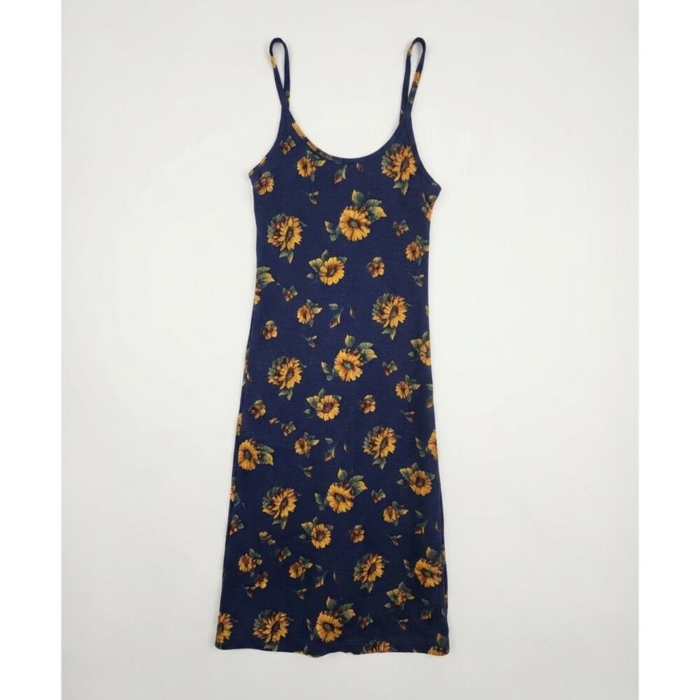Vintage 90s Tickets 6 Cotton Ribbed Sunflower Midi Slip Dress Whimysgoth Grunge